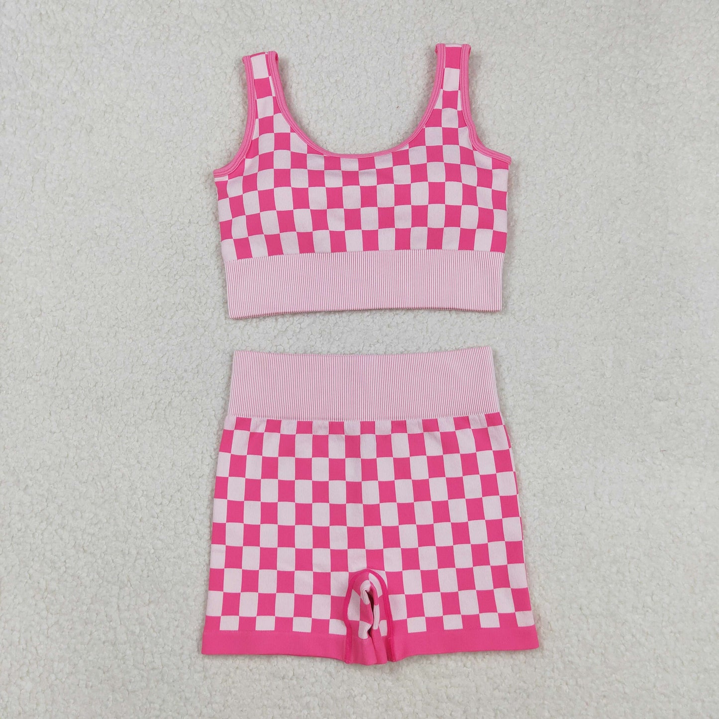 GSSO2691改---GSSO2704 Adult Women Pink Plaid Sleeveless Shorts Sets  202508 RTS