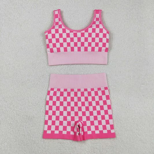 Free Shipping Over $100 GSSO2704 Adult Women Pink Plaid Sleeveless Shorts Sets