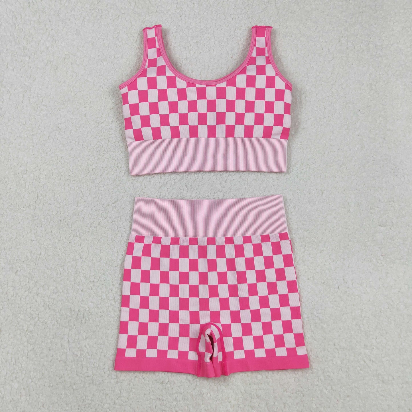 GSSO2691改---GSSO2704 Adult Women Pink Plaid Sleeveless Shorts Sets  202508 RTS
