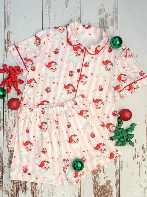 MOQ 8 Preorder GSSO2706 Girls Boutique Christmas Santa Claus Star Stripe Button Short Sleeve Shorts Sets 202509
