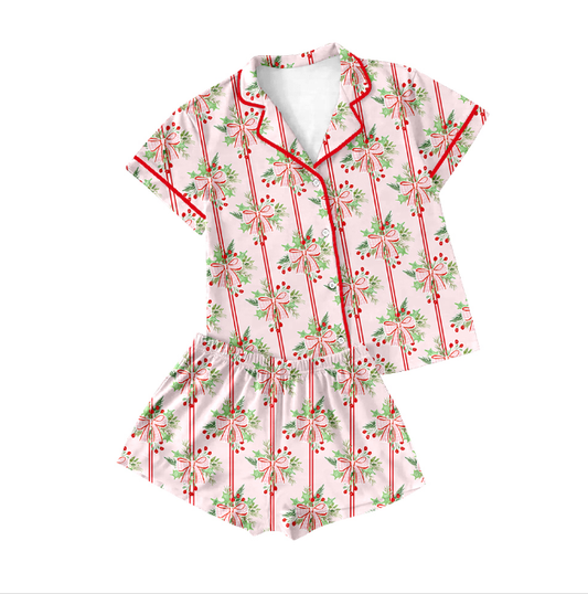 MOQ 8 Preorder GSSO2707 Girls Boutique Bows Stripe Button Short Sleeve Shorts Sets 202509