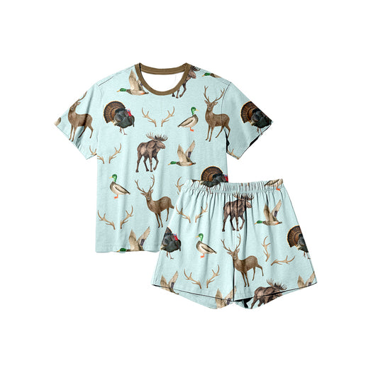MOQ 8 Preorder GSSO2709 Girls Duck, Elk, Turkey, Blue Brown Short Sleeve Shorts Pajama Girls Sets 202509
