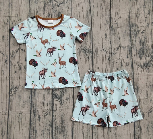 NO MOQ Preorder GSSO2709 Girls Duck, Elk, Turkey, Blue Brown Short Sleeve Shorts Pajama Girls Sets 202509