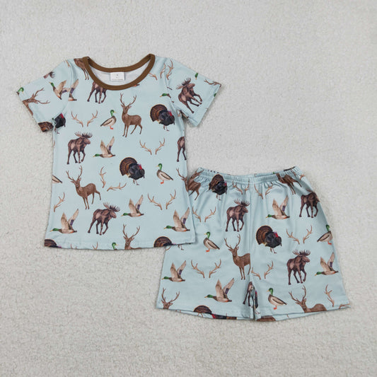 GSSO2709 Girls Duck, Elk, Turkey, Blue Brown Short Sleeve Shorts Pajama Girls Sets 202511 RTS