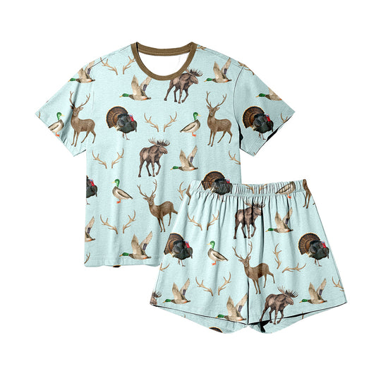MOQ 8 Preorder GSSO2711 Adult Female Boutique Duck, Elk, Turkey, Blue Brown Short Sleeve Shorts Pajama Sets 202509