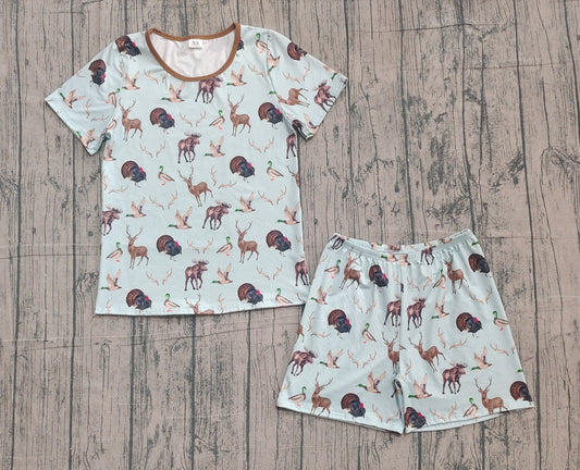 NO MOQ Preorder GSSO2711 Adult Female Boutique Duck, Elk, Turkey, Blue Brown Short Sleeve Shorts Pajama Sets 202511