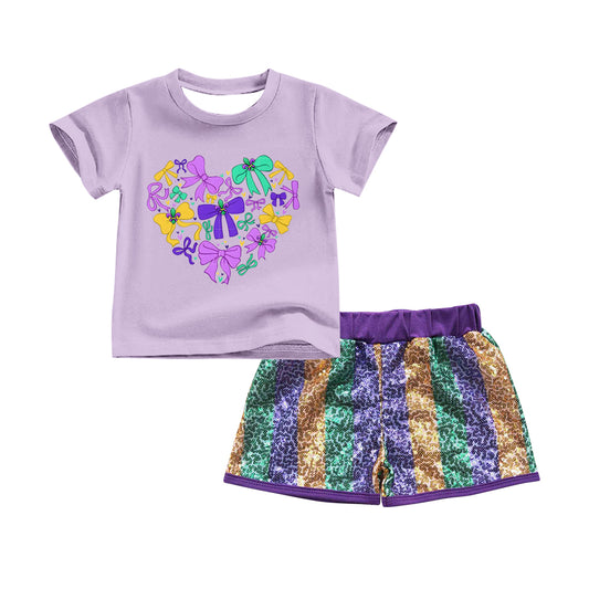 MOQ 8 Preorder GSSO2715 Mardi Gras Bows Light Purple Short Sleeves Sequin Shorts Girls Sets 202509