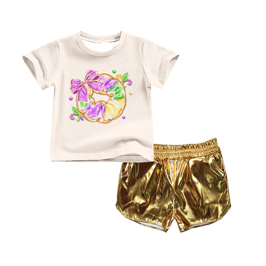 MOQ 8 Preorder GSSO2716 Mardi Gras Bows Donut Beuge Short Sleeves Golden Leather Shorts Girls Sets 202509