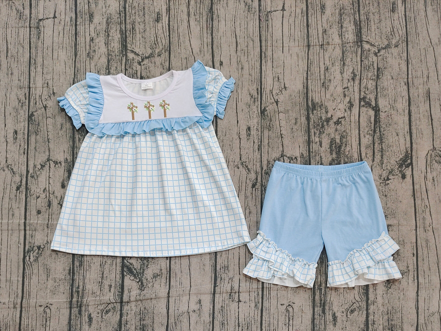 NO MOQ preorder GSSO2718 Embroidered Easter Cross Blue Ruffle Plaid Short Sleeve Shorts Girls Set 202510