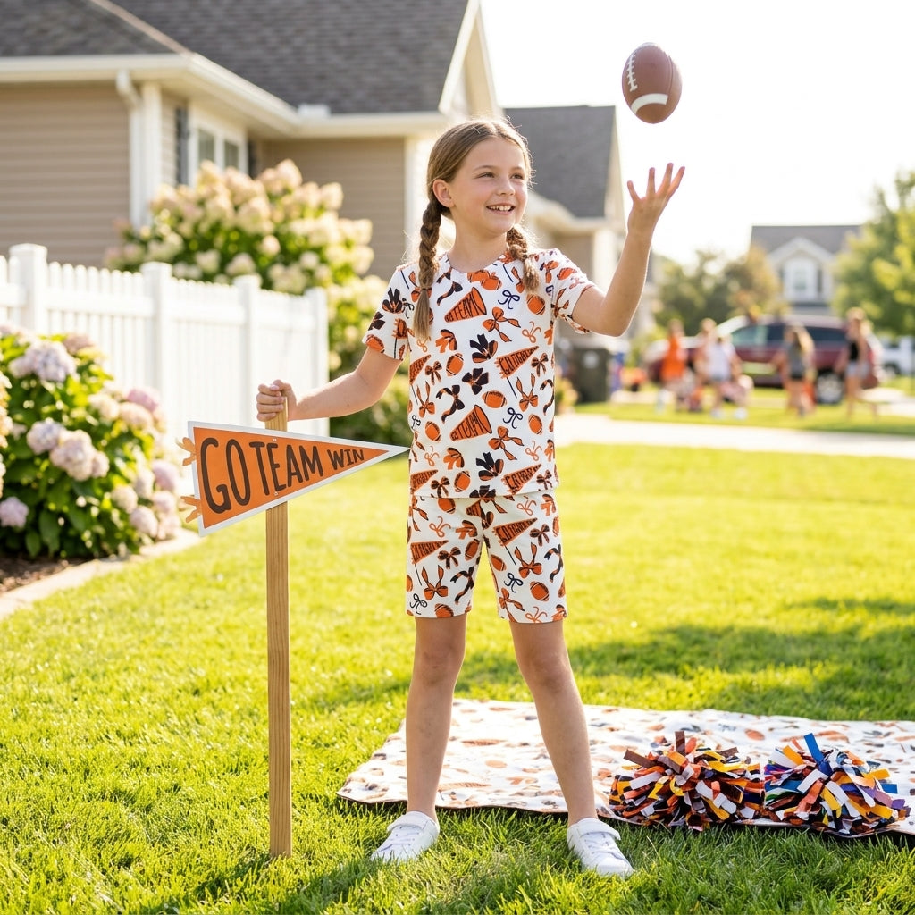 GSSO2724 Go Team Touch Down Football Orange Girls Shorts Set