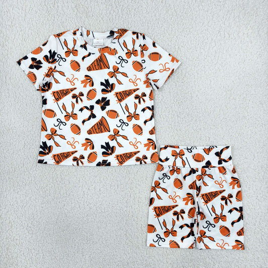 GSSO2724 Go Team Touch Down Football Orange Girls Shorts Set