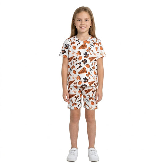 GSSO2724 Go Team Touch Down Football Orange Girls Shorts Set