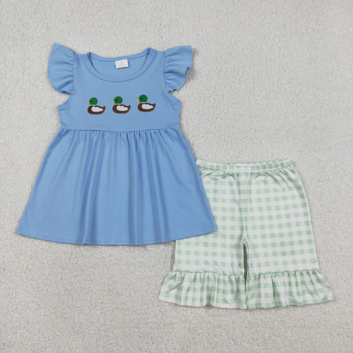 GSSO2728 Embroidered Three Ducks Blue Flying Sleeve Green Plaid Shorts Girls Sets 202512 RTS Sibling