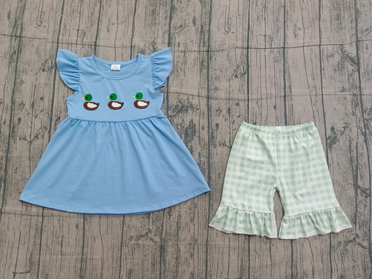 NO MOQ preorder GSSO2728 Embroidered Three Ducks Blue Flying Sleeve Green Plaid Shorts Girls Set 202512 Sibling