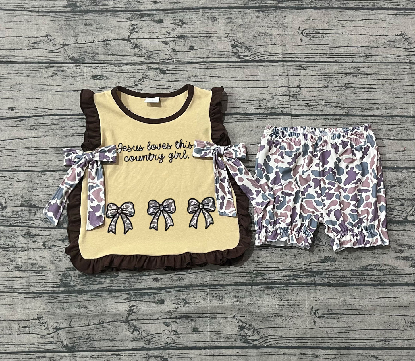 NO MOQ preorder GSSO2730 Embroidered Camouflage Bows Brown Ruffle Sleeveless Shorts Girls Set 202510
