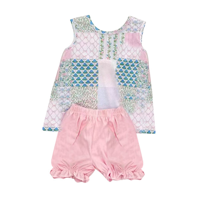 MOQ 8 preorder GSSO2731 Floral Bows Plaid Sleeveless Pink Shorts Girls Set 202510