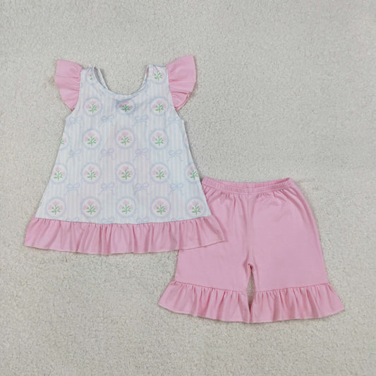 GSSO2732 Floral Bows Pink Ruffle Bows Backless Flying Sleeve Top Shorts Girls Set 202512 RTS