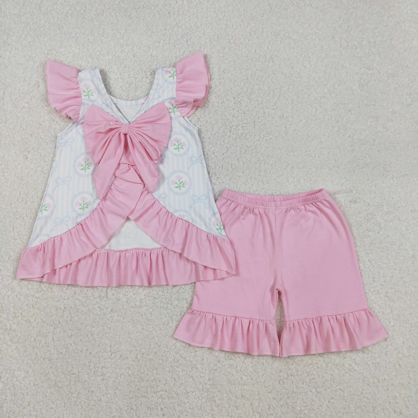 GSSO2732 Floral Bows Pink Ruffle Bows Backless Flying Sleeve Top Shorts Girls Set 202512 RTS