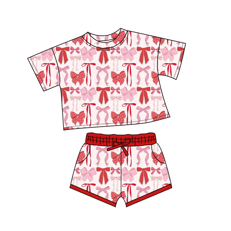 MOQ 5 preorder GSSO2737 Valentine‘s Day Bows Red Short-Sleeved Shorts Girls Set 202510