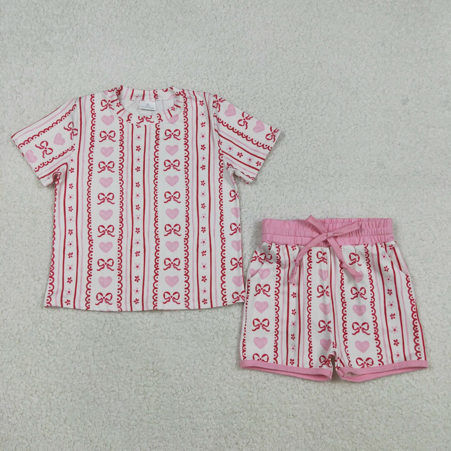 GSSO2738 Valentine‘s Day Bows Love Stripe Short-Sleeved Shorts Girls Set 202512 RTS