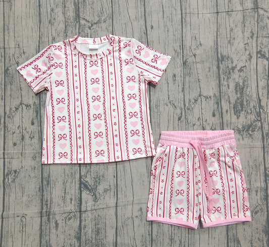 NO MOQ preorder GSSO2738 Valentine‘s Day Bows Love Stripe Short-Sleeved Shorts Girls Set 202511