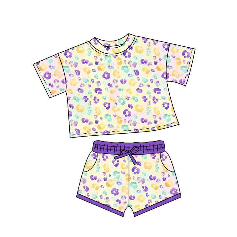 MOQ 5 preorder GSSO2739 Mardi Gras Colored Leopard Short-Sleeved Shorts Girls Set 202510