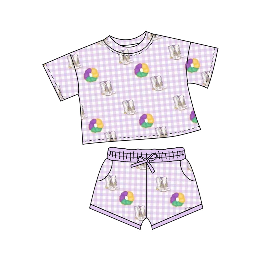MOQ 5 preorder GSSO2740 Mardi Gras Purple Plaid Short-Sleeved Shorts Girls Set 202510