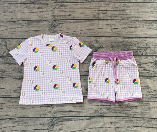 NO MOQ preorder GSSO2740 Mardi Gras Purple Plaid Short-Sleeved Shorts Girls Set 202511