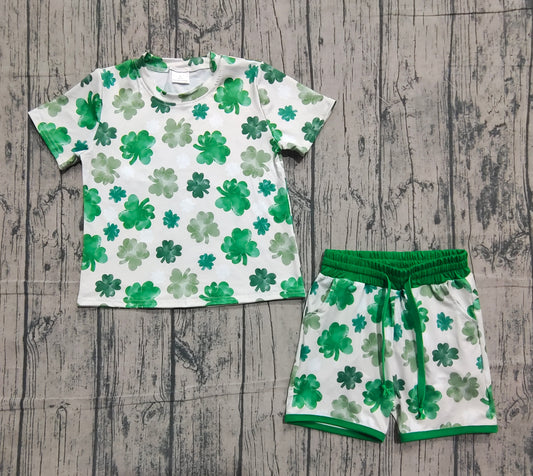 NO MOQ preorder GSSO2744 St. Patrick's Day Four-Leaf Clover Green Short Sleeve Shorts Girls Set 202511