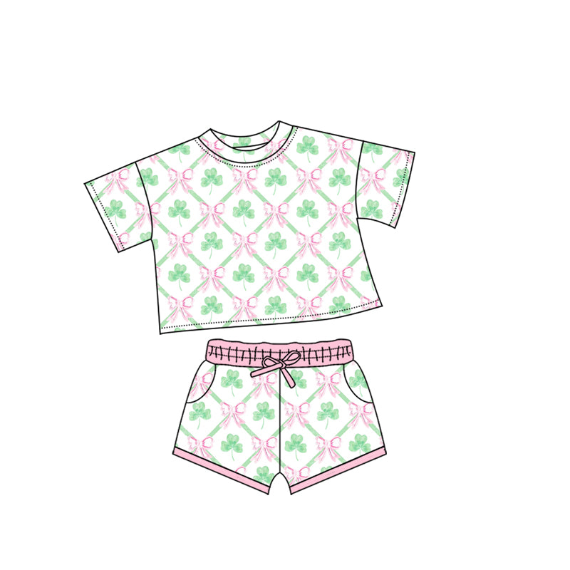 MOQ 5 preorder GSSO2745 Four-Leaf Clover Bows Short Sleeve Shorts Girls Set 202510