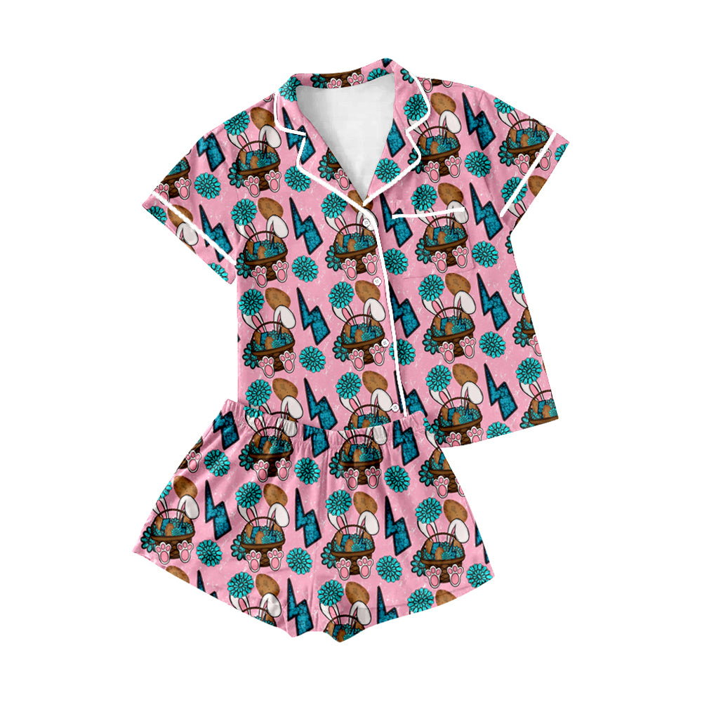 MOQ 5 preorder GSSO2747 Adult Female Easter Bunny Polo Button Short Sleeve Shorts Pajamas Set 202510