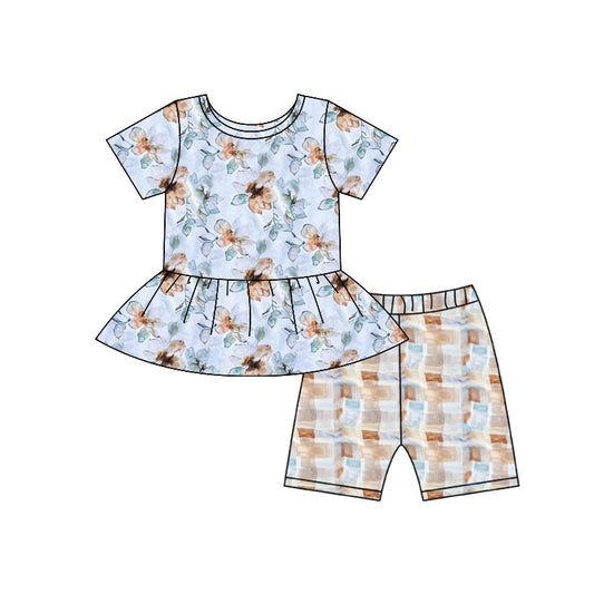 MOQ 5 preorder GSSO2748 Flower Leaf Plaid Short-Sleeved Shorts Girls Set 202510