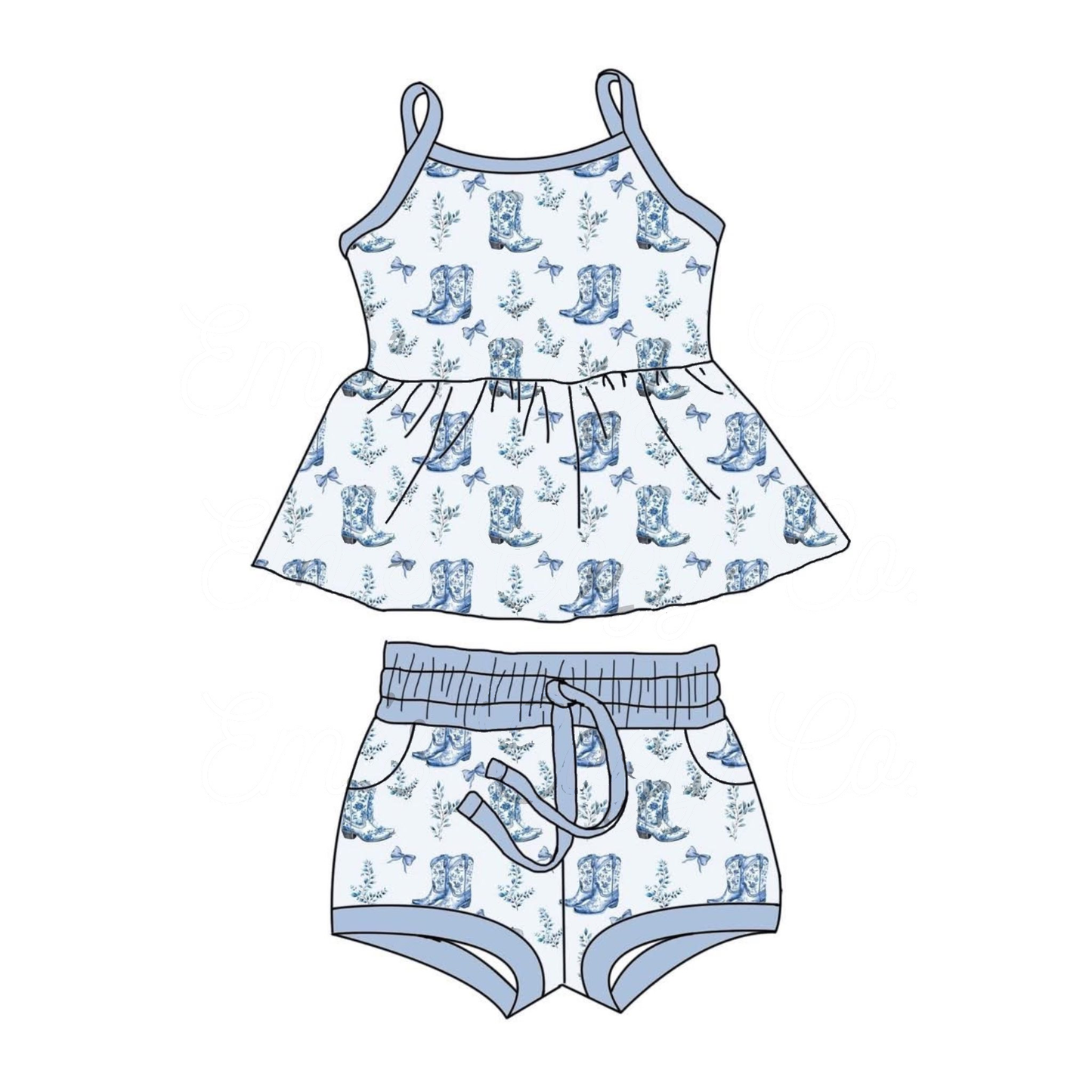 MOQ 5 preorder GSSO2750 Bows Boots Blue Sleeveless Shorts Girls Set 202510