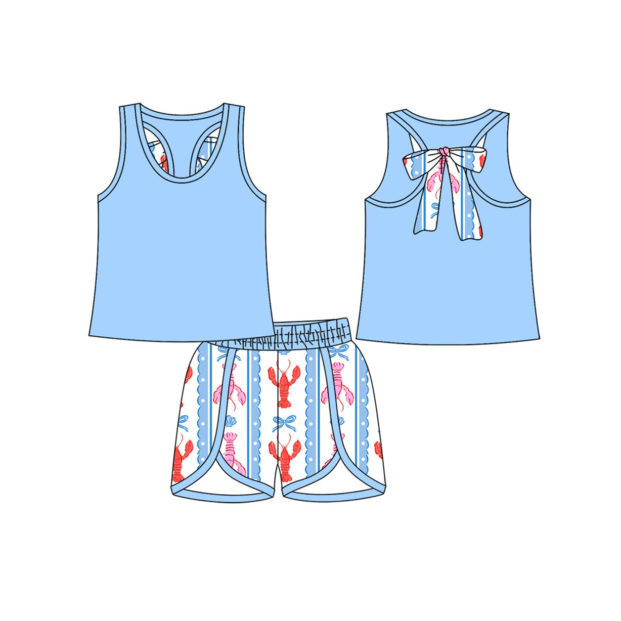 MOQ 5 preorder GSSO2755 Mardi Gras Blue Sleeveless Crayfish Bows Pattern Shorts Girls Set 202510