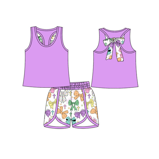 MOQ 5 preorder GSSO2757 Easter Purple Sleeveless Cross Bows Pattern Shorts Girls Set 202510