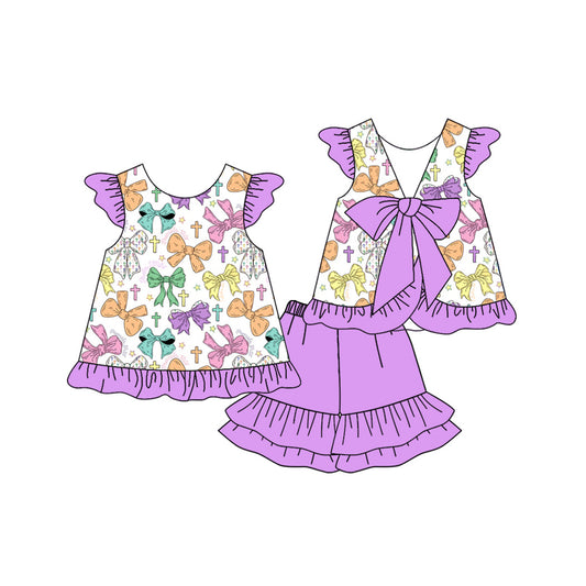 MOQ 5 preorder GSSO2758 Easter Cross Bows Pattern Purple Ruffle Flying Sleeve Shorts Girls Set 202510