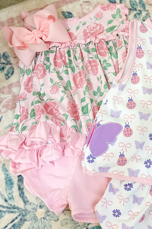 MOQ 5 preorder GSSO2759 Flower Leaf Pink Ruffle Sleeveless Shorts Girls Set 202510