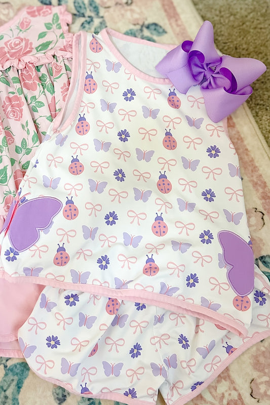 MOQ 5 preorder GSSO2760 Ladybug Bow Pink Sleeveless Shorts Girls Set 202510