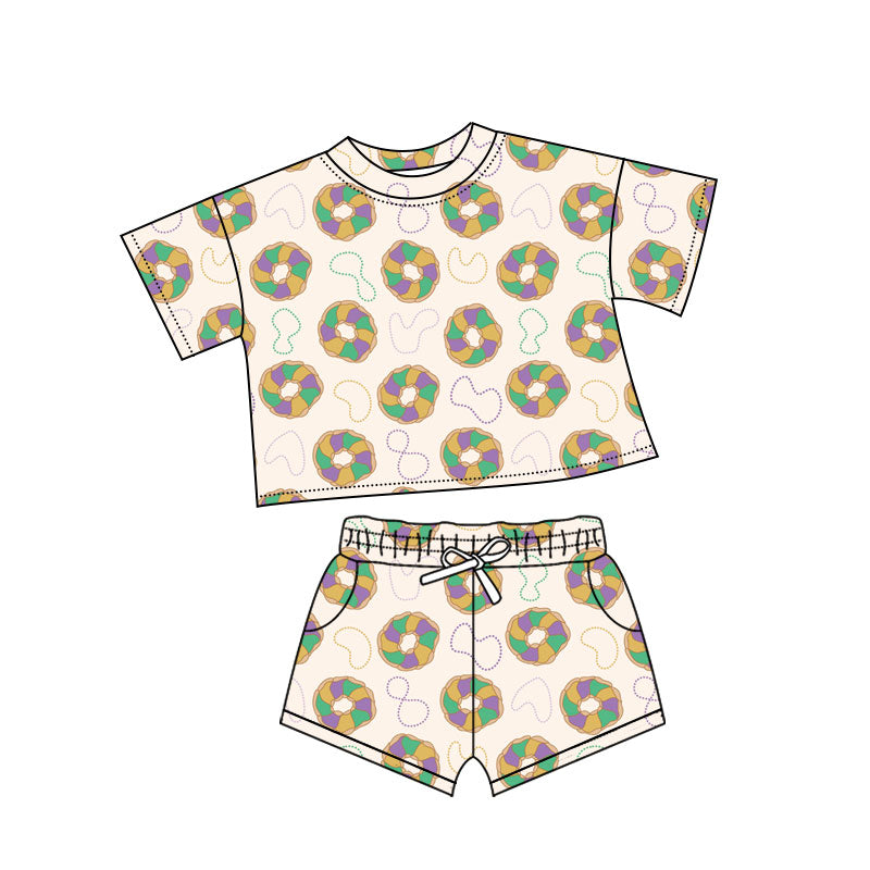 MOQ 5 preorder GSSO2762 Mardi Gras Doughnut Short Sleeve Shorts Girls Set 202510