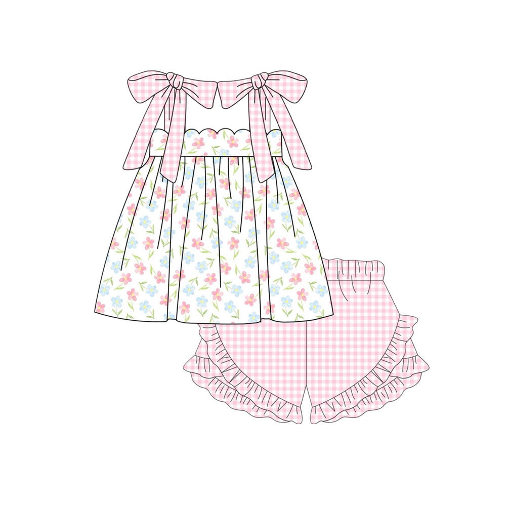 MOQ 5 preorder GSSO2764 Flower Leaf Pink Plaid Ruffle Halter Shorts Girls Set 202510