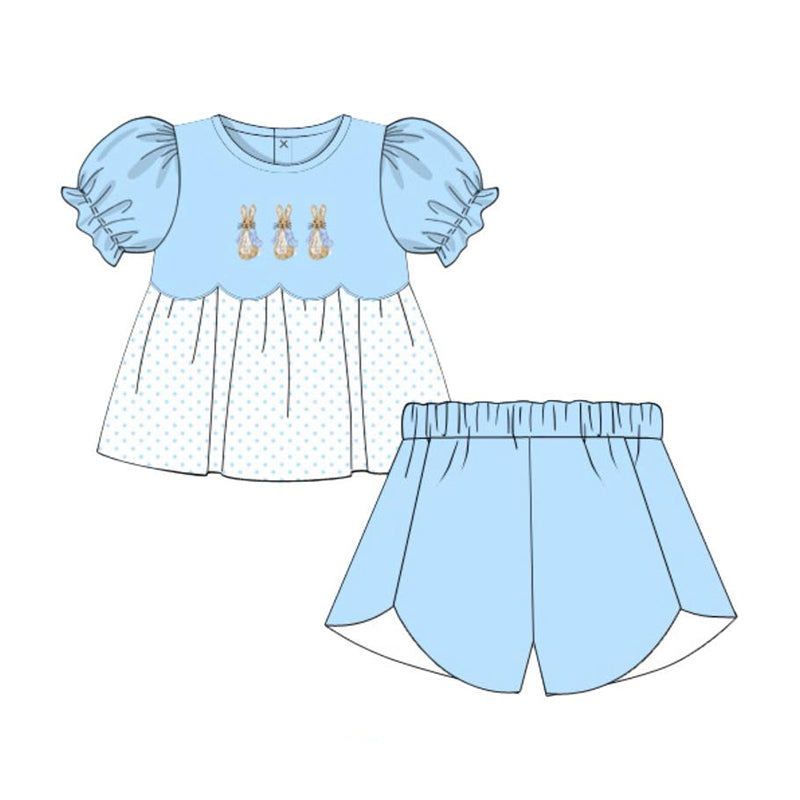 MOQ 5 preorder GSSO2765 Easter Bunny Blue Puff Short Sleeve Shorts Girls Set 202510