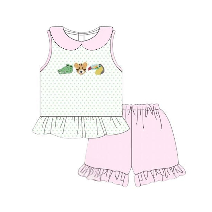 MOQ 5 preorder GSSO2766 Crocodile Tiger Animal Dot Pink Doll Collar Sleeveless Shorts Girls Set 202510