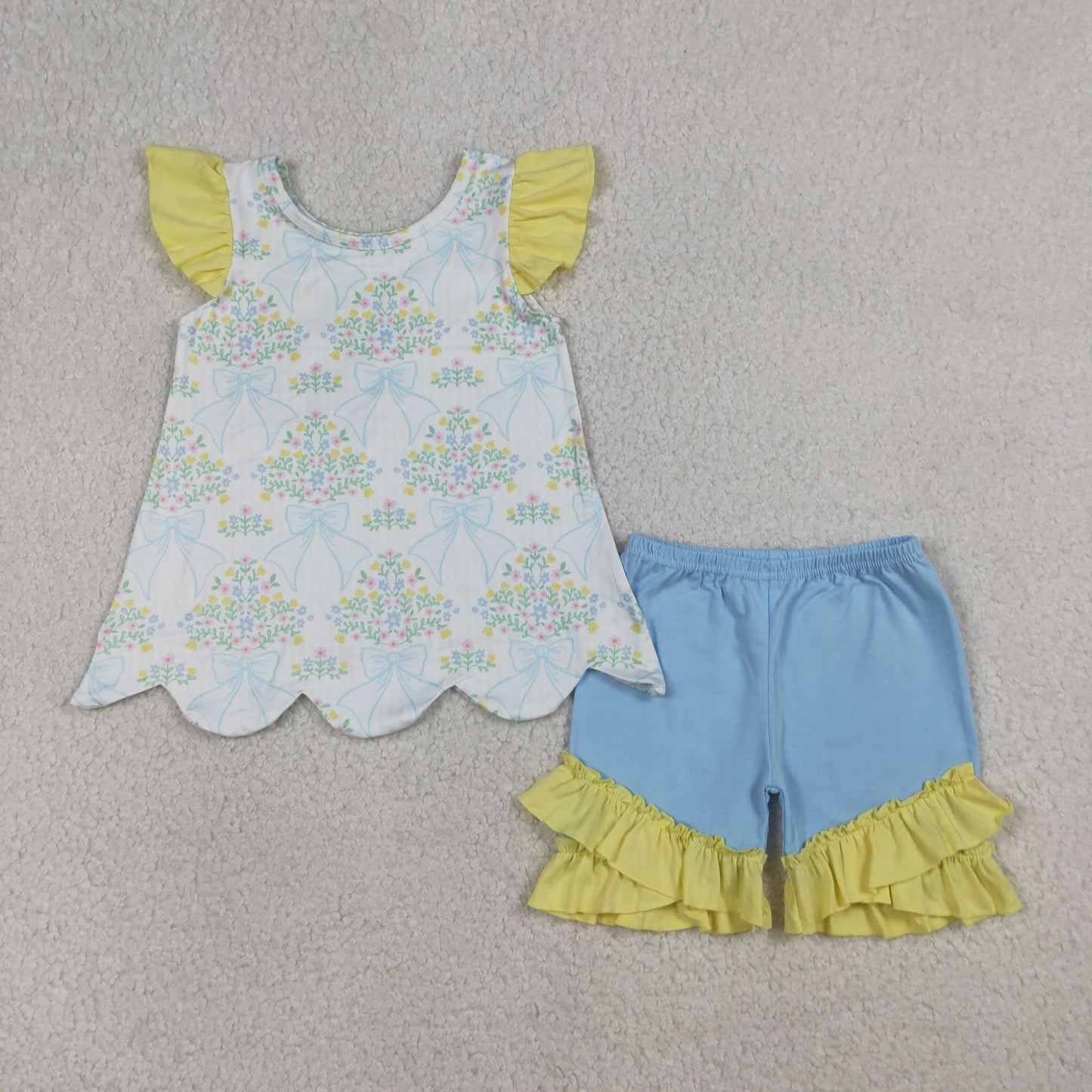 GSSO2767 Flower Bows Stripe Yellow Flying Sleeve Shorts Girls Sets 202603 RTS