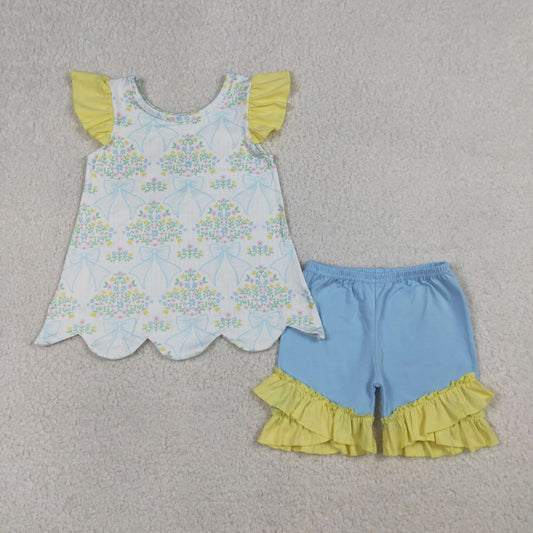 GSSO2767 Flower Bows Stripe Yellow Flying Sleeve Shorts Girls Sets 202603 RTS