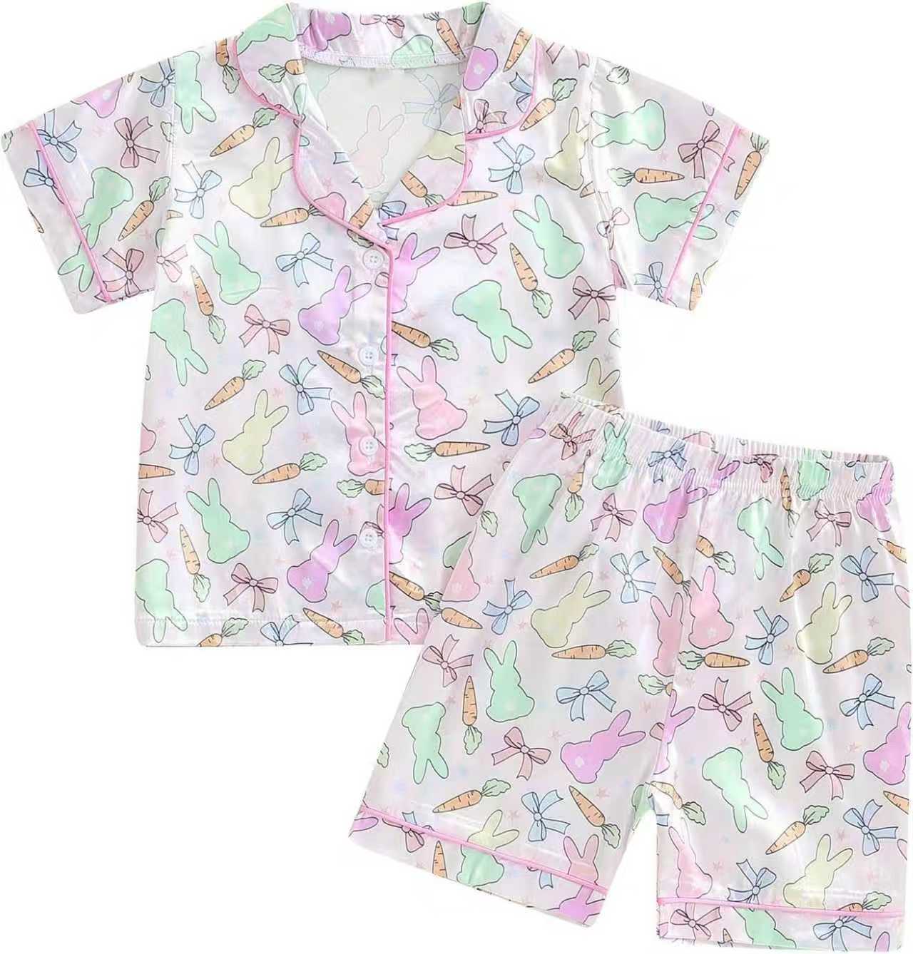 MOQ 5 preorder GSSO2769 Adult Female Easter Bunny Carrots Pink Polo Button Short Sleeve Shorts Pajama Set 202510