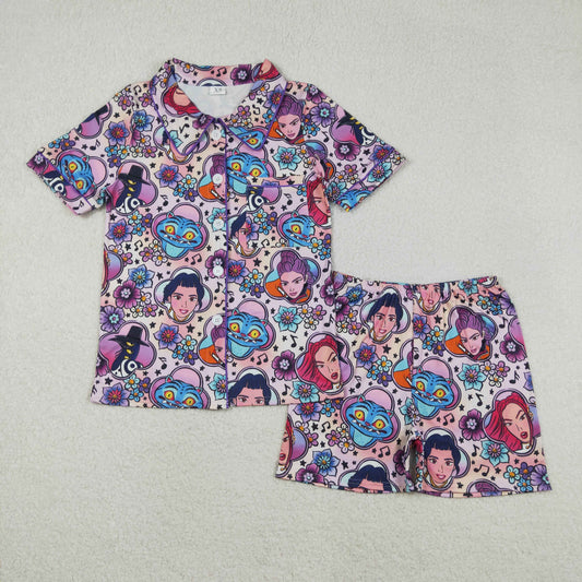 GSSO2770 Adult Female K-pop Flower Purple Polo Button Short Sleeve Shorts Pajama Set 202511 RTS
