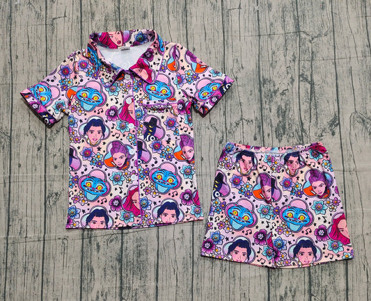 NO MOQ preorder GSSO2770 Adult Female K-pop Flower Purple Polo Button Short Sleeve Shorts Pajama Set 202510