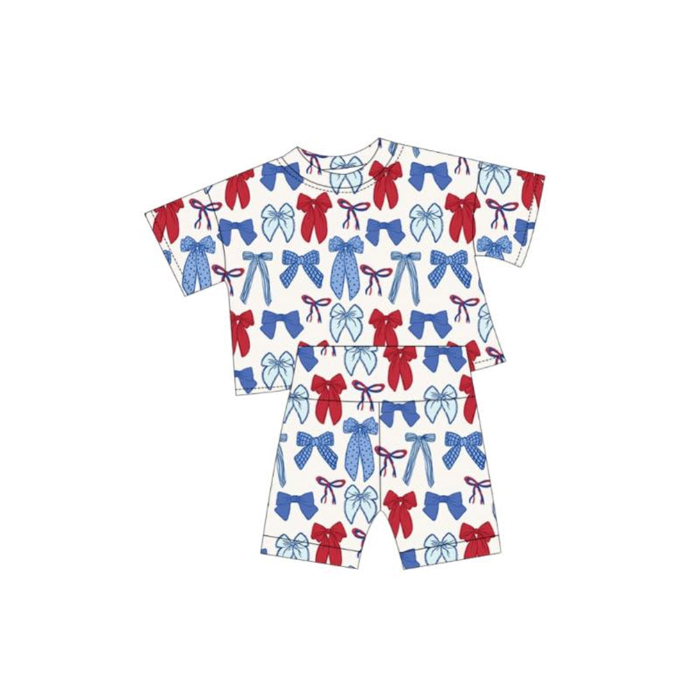 MOQ 5 preorder GSSO2772 4th of July Red Blue Bows Short Sleeve Shorts Girls Set 202510