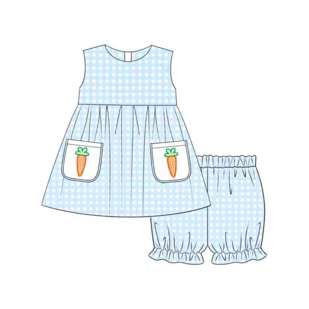 MOQ 5 preorder GSSO2773 Easter Carrots Pocket Blue Dots Sleeveless Shorts Girls Set 202510