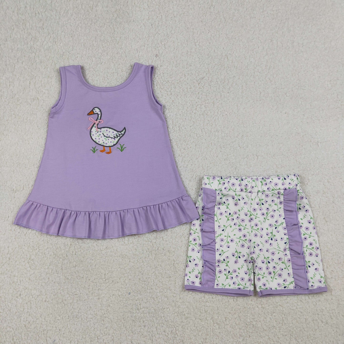 GSSO2774 Embroidered Duck Flower Purple Ruffle Sleeveless Shorts Girls Sets 202603 RTS